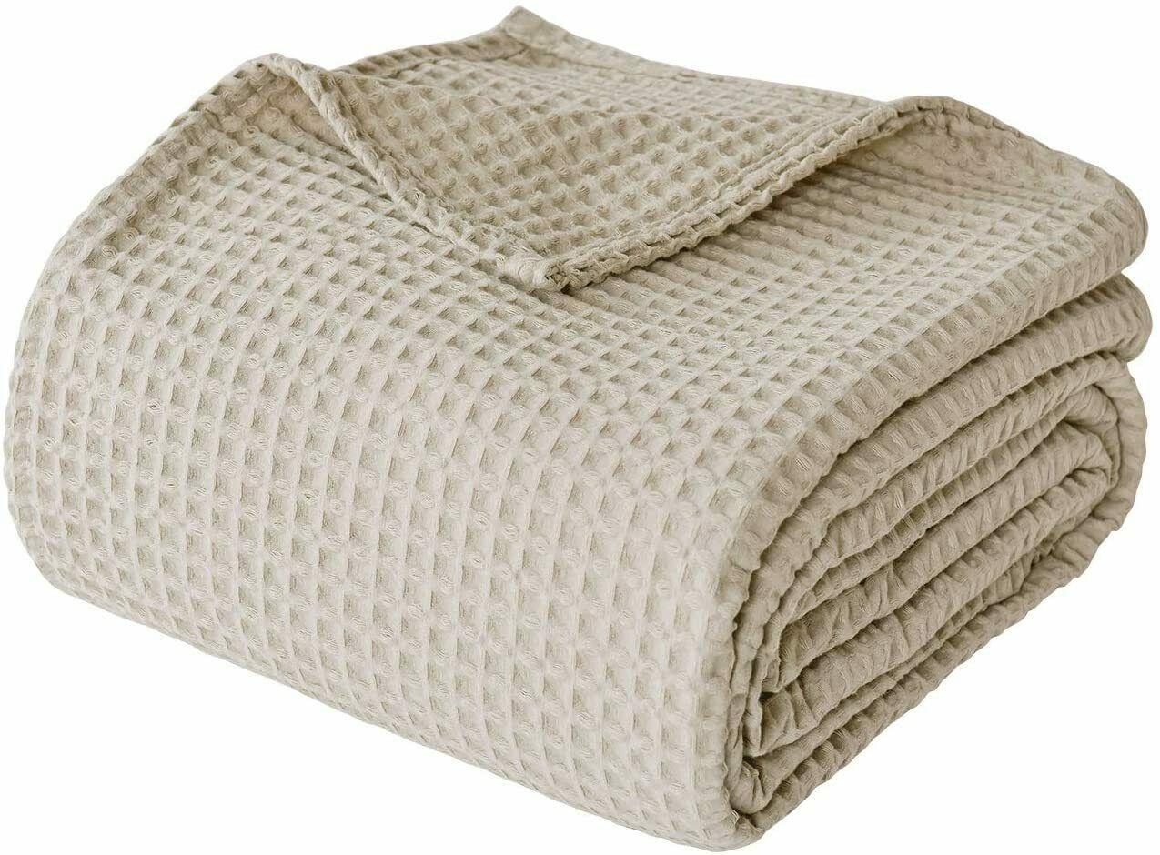 100% Cotton Waffle Throw Summer Travel Blanket - Beige
