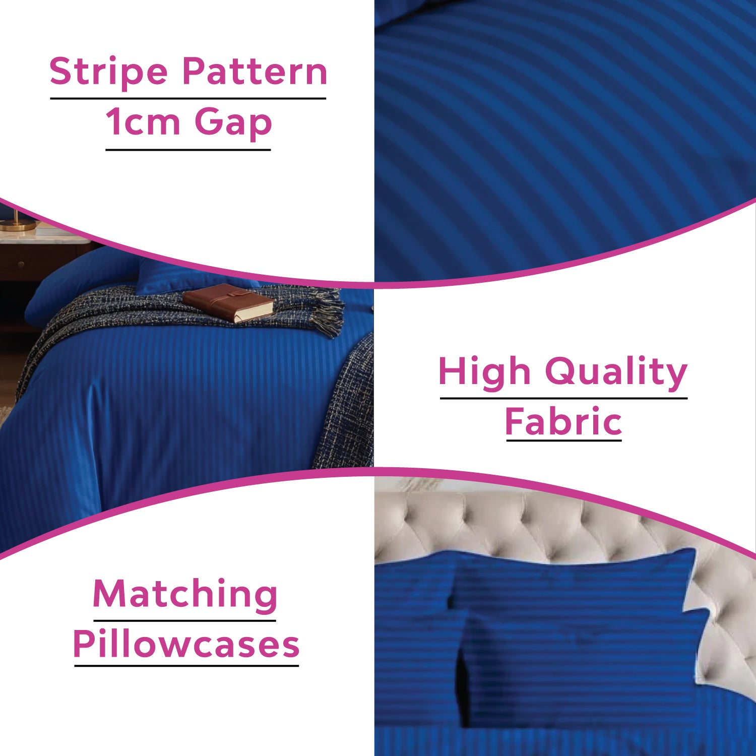 Hotel Quality Satin Stripe Duvet Quilt Cover Poly Cotton Bedding Set - Blue