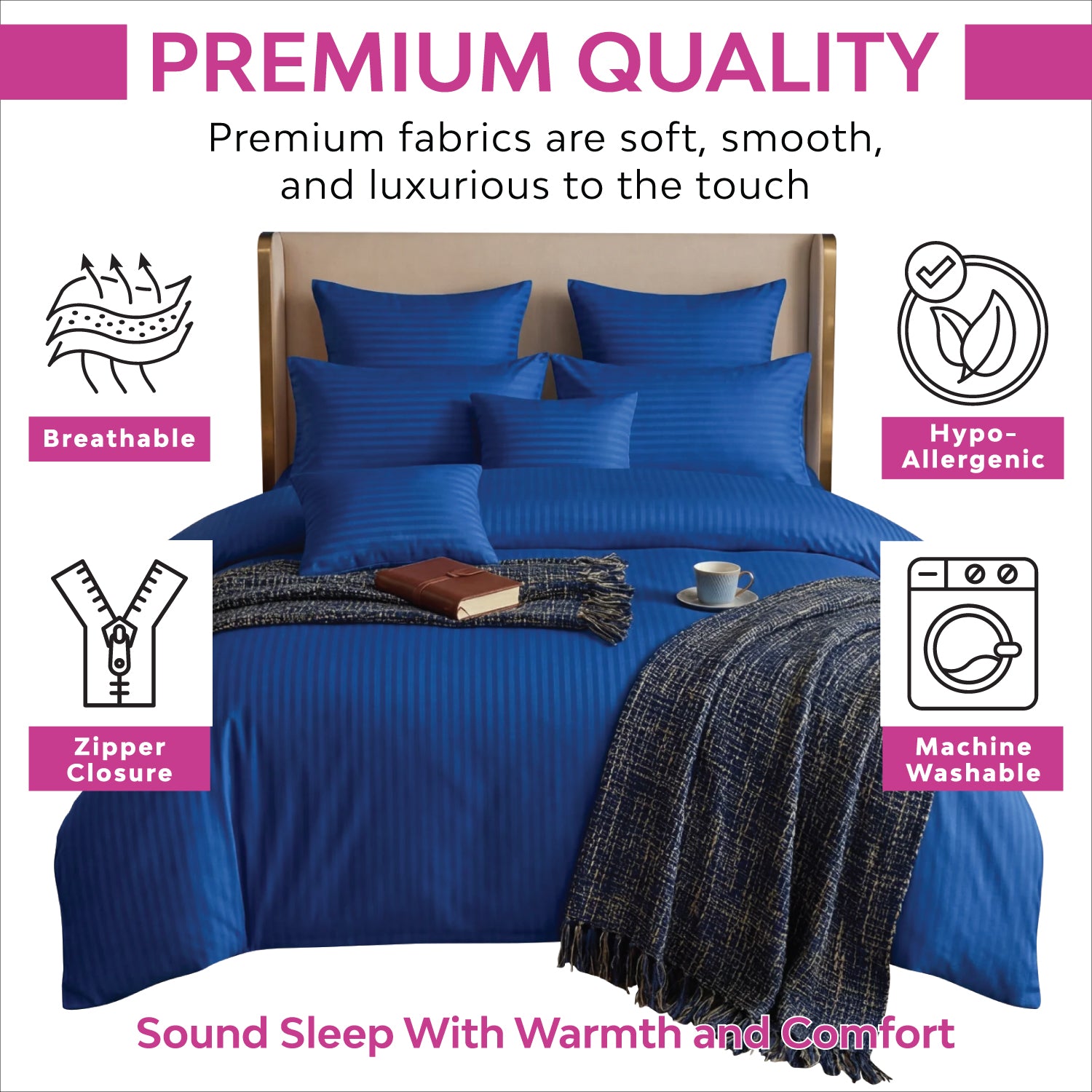Hotel Quality Satin Stripe Duvet Quilt Cover Poly Cotton Bedding Set - Blue