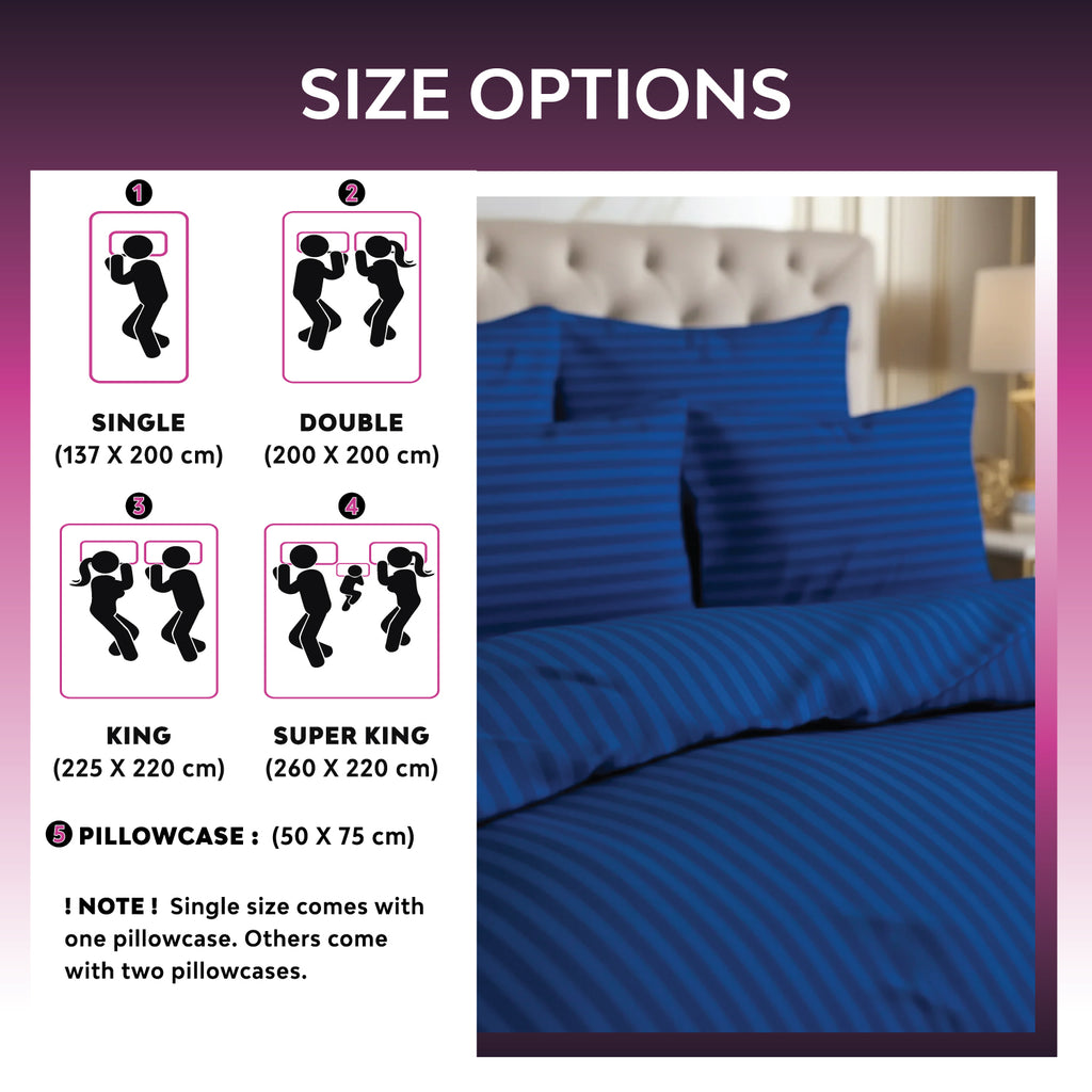 Hotel Quality Satin Stripe Duvet Quilt Cover Poly Cotton Bedding Set - Blue