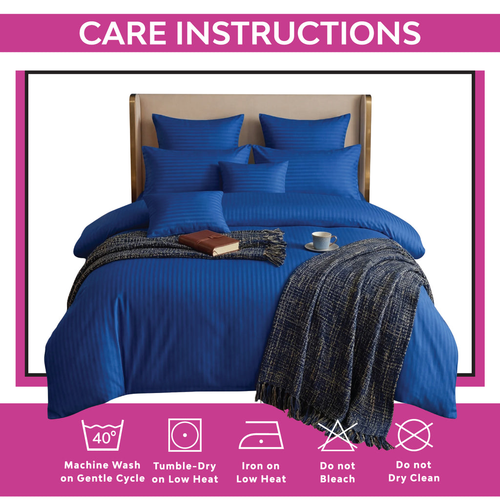 Hotel Quality Satin Stripe Duvet Quilt Cover Poly Cotton Bedding Set - Blue