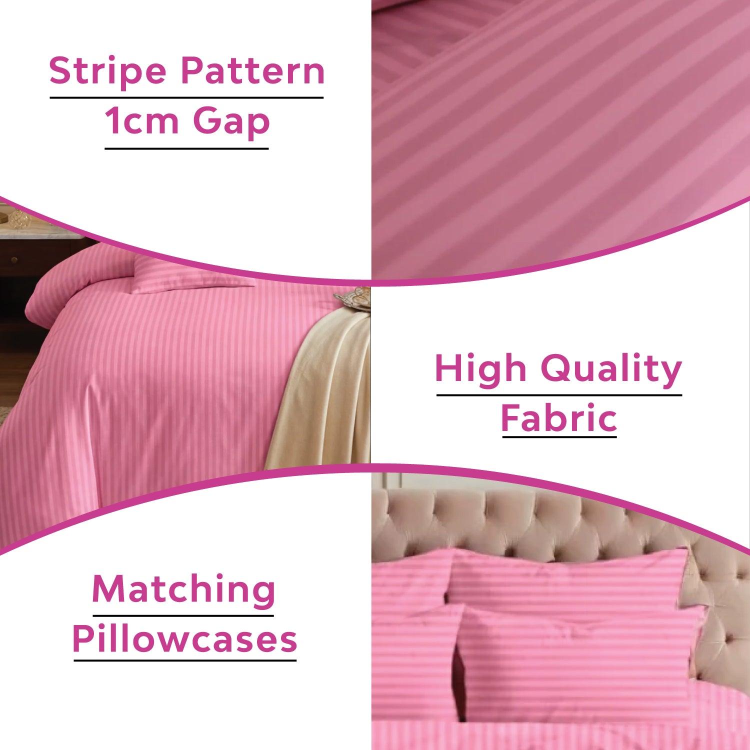 Hotel Quality Satin Stripe Duvet Quilt Cover Poly Cotton Bedding Set - Pink