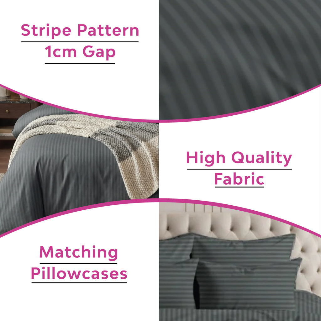 Hotel Quality Satin Stripe Duvet Quilt Cover Poly Cotton Bedding Set - Dark Grey
