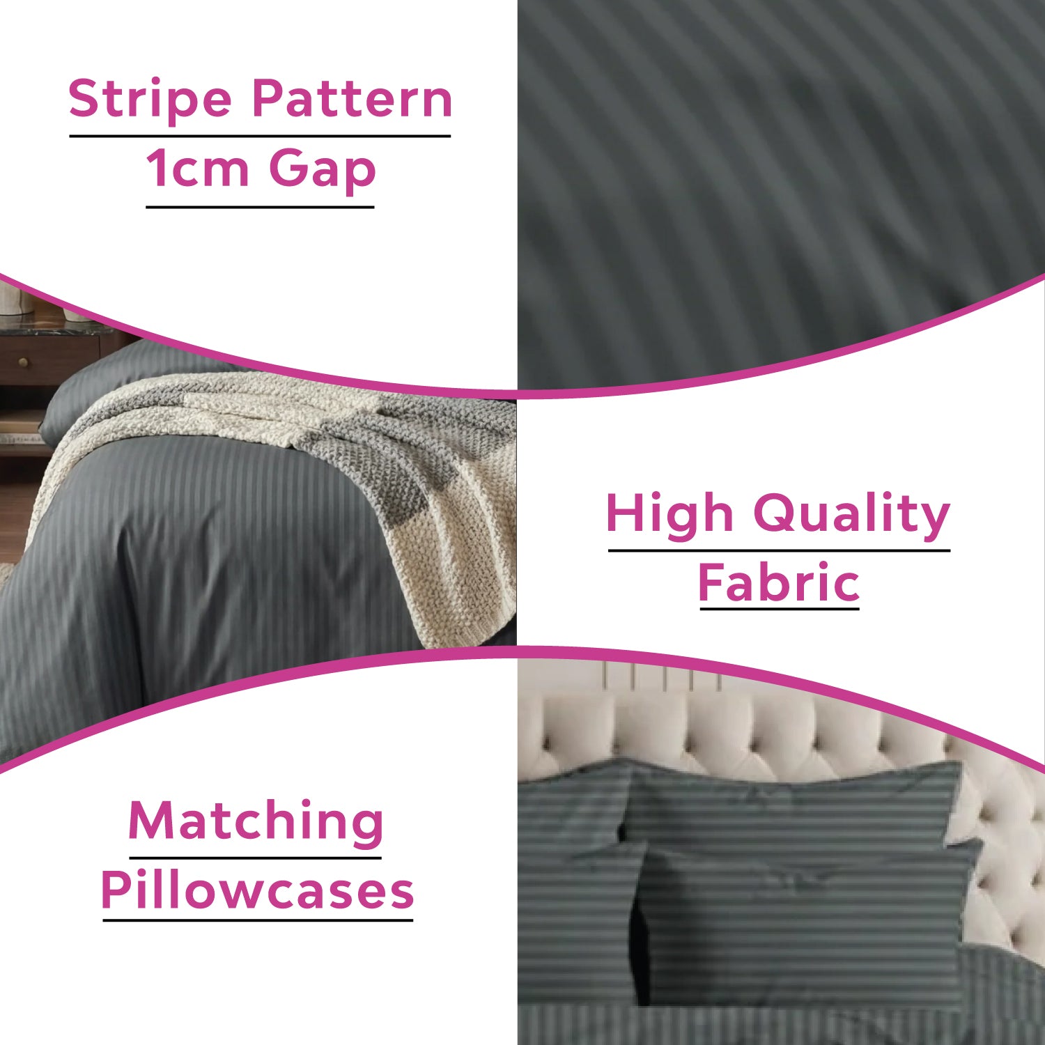 Hotel Quality Satin Stripe Duvet Quilt Cover Poly Cotton Bedding Set - Dark Grey