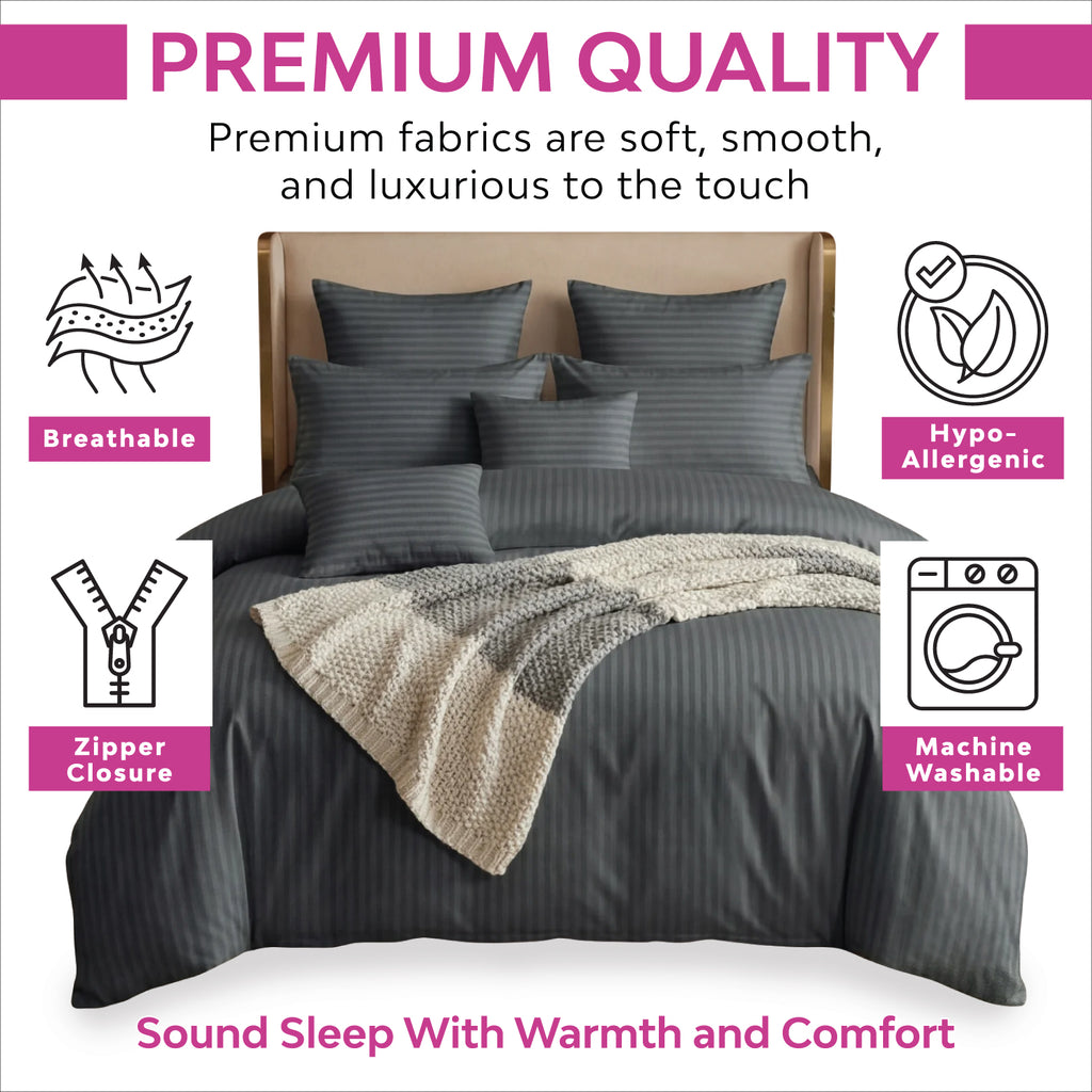 Hotel Quality Satin Stripe Duvet Quilt Cover Poly Cotton Bedding Set - Dark Grey