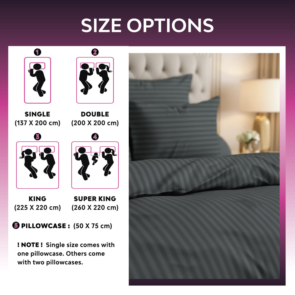 Hotel Quality Satin Stripe Duvet Quilt Cover Poly Cotton Bedding Set - Dark Grey