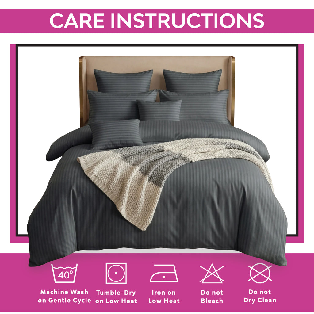 Hotel Quality Satin Stripe Duvet Quilt Cover Poly Cotton Bedding Set - Dark Grey