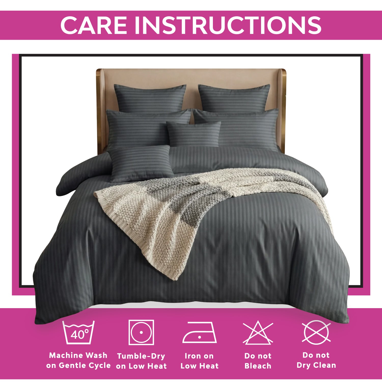 Hotel Quality Satin Stripe Duvet Quilt Cover Poly Cotton Bedding Set - Dark Grey