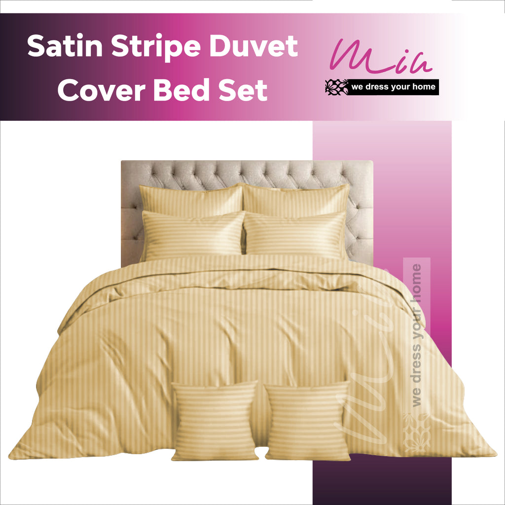 Hotel Quality Satin Stripe Duvet Quilt Cover Poly Cotton Bedding Set - Beige