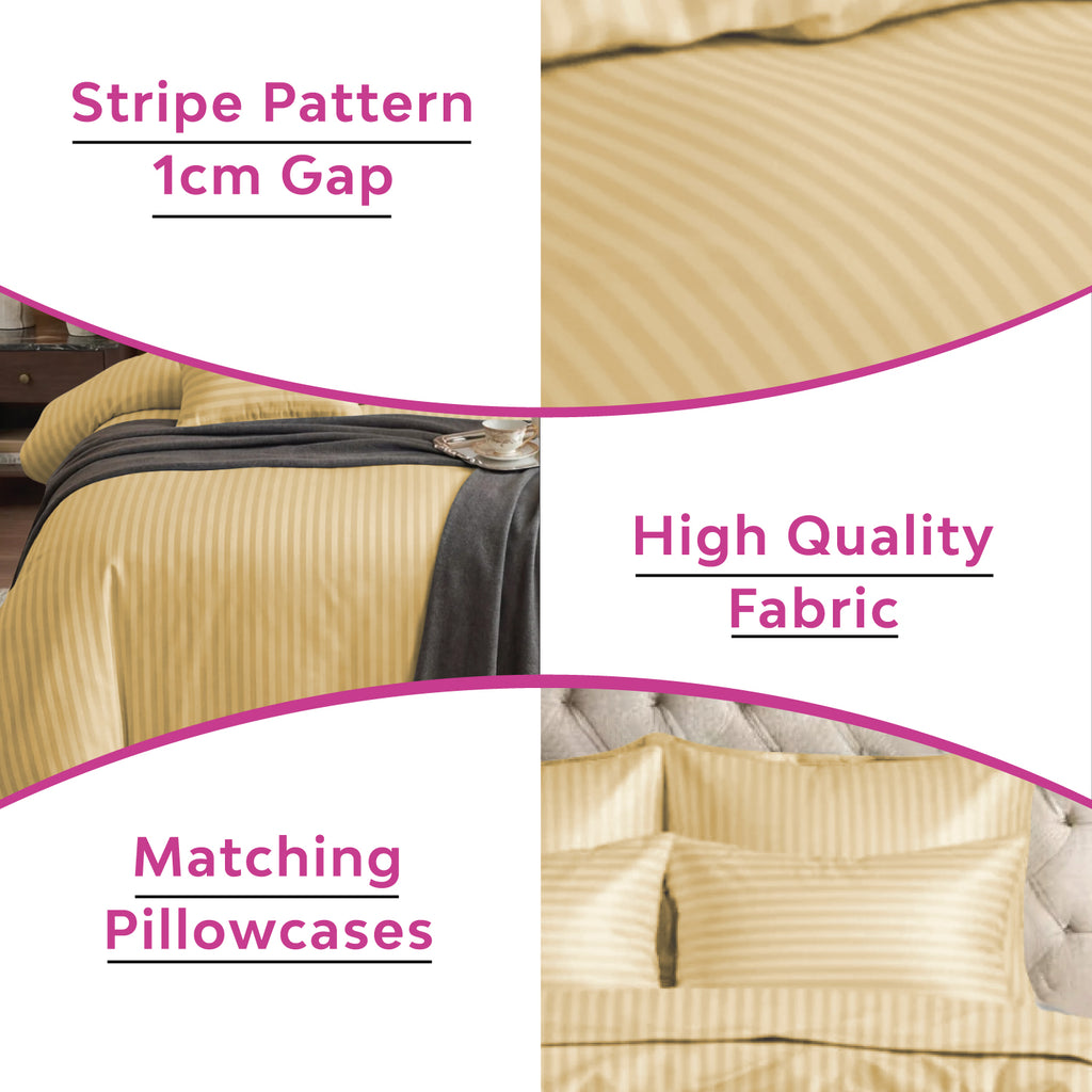 Hotel Quality Satin Stripe Duvet Quilt Cover Poly Cotton Bedding Set - Beige