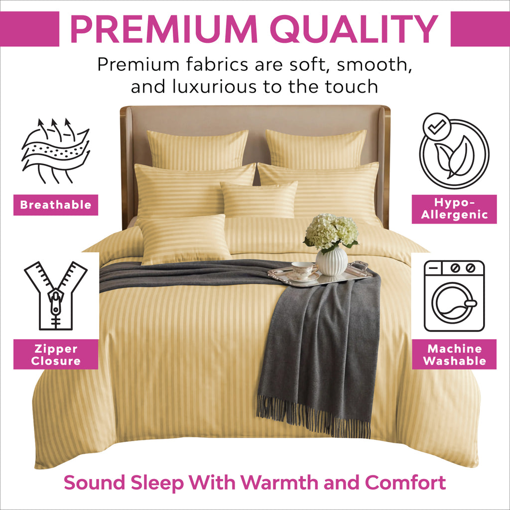 Hotel Quality Satin Stripe Duvet Quilt Cover Poly Cotton Bedding Set - Beige