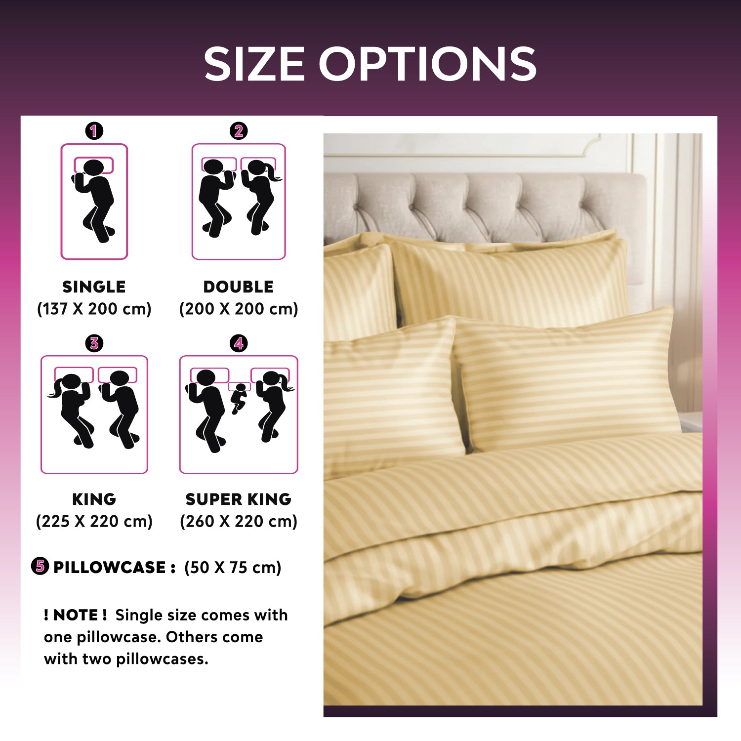 Hotel Quality Satin Stripe Duvet Quilt Cover Poly Cotton Bedding Set - Beige