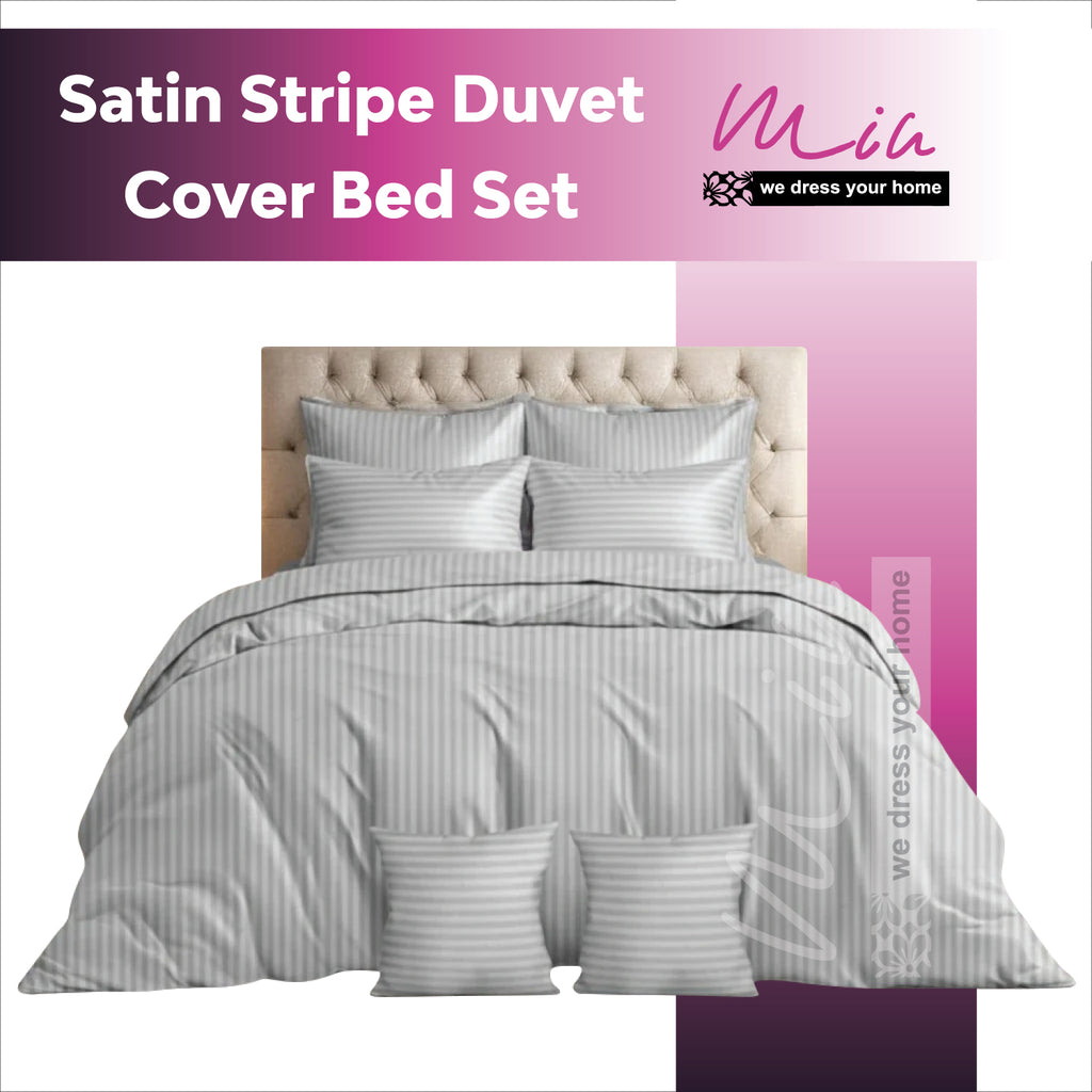 Hotel Quality Satin Stripe Duvet Quilt Cover Poly Cotton Bedding Set - Light Grey