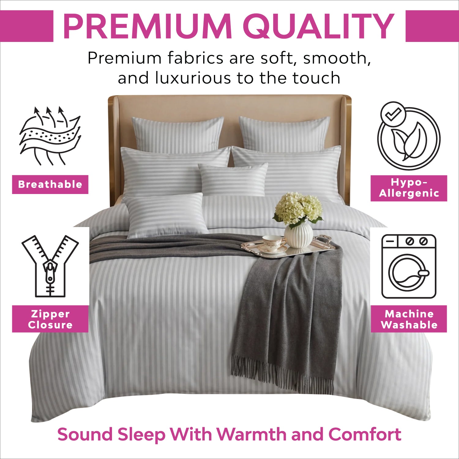 Hotel Quality Satin Stripe Duvet Quilt Cover Poly Cotton Bedding Set - Light Grey