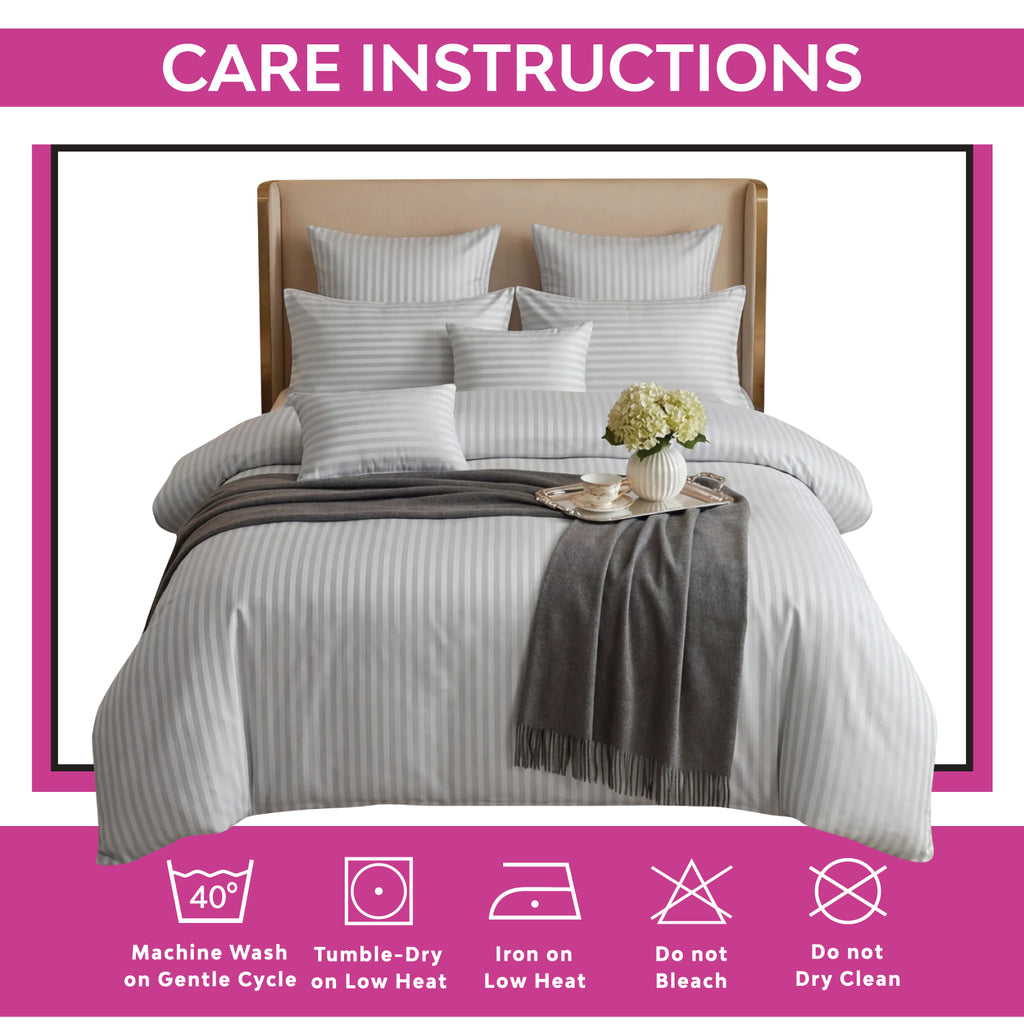 Hotel Quality Satin Stripe Duvet Quilt Cover Poly Cotton Bedding Set - Light Grey